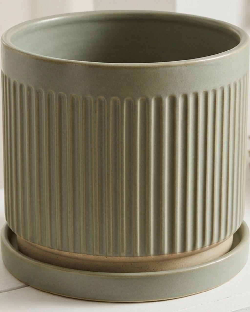 Mvdxj Ribbed Stoneware Planter with Saucer Sage - Lifestyle view