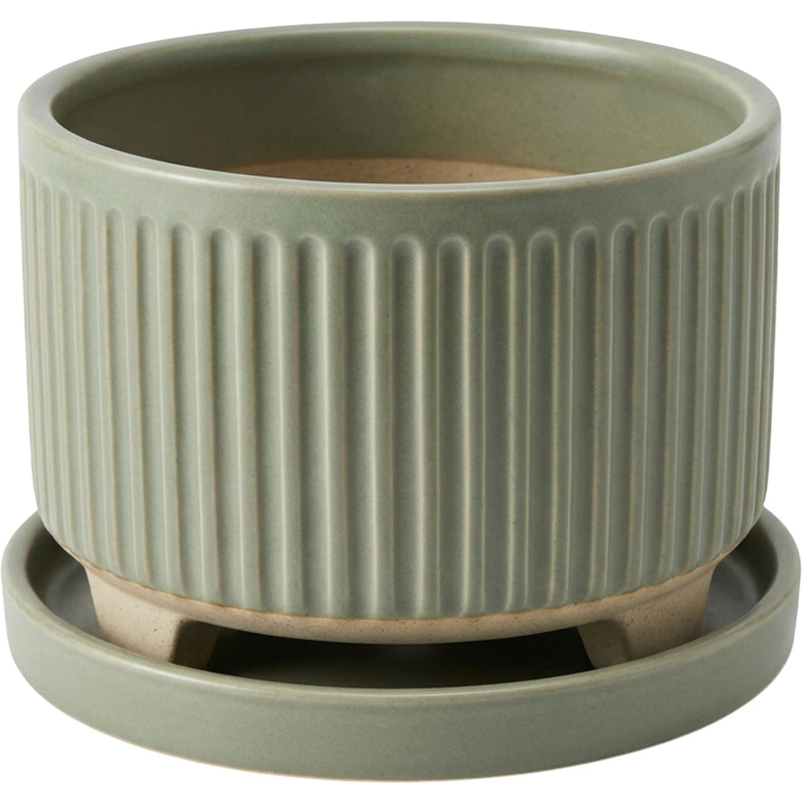 Mvdxj Ribbed Stoneware Planter with Saucer Sage